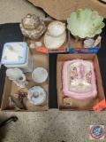 (3) Flats of assorted china and items to many to list; Cheese Dish, Sugar bowl, cup and saucer