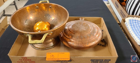 Copper Colander, Stainer, Engraved Flask.