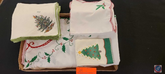 (1) Flat of Christmas Table Cloth and Napkins.