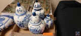 Blue and white canisters, candle holders and vase...