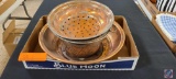 (1) Copper Tray , (2) Antique Copper Colander, (1) Sold Copper Authentic Stoneware Warmer by