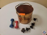 Copper bucket, hanging bells and 5lb hand weight and 3lb hand weight