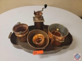 Copper pepper grinder, small pots, pans and platter...