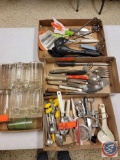 Assortment kitchen utensils, 4 glass mugs and 2 glasses...