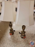 (2) brass lamps with white lamp shades...