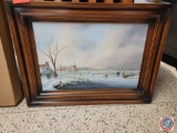 framed photo iceskating on pond or harbor approx 38 x 28...