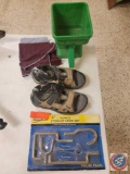 Sandals, 10 pc new storage hook set , couple towels & hand held spreader......