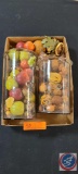(2) Glass Jars with artificial fruit and Nuts, (1) Wicker Buggie, Bench , Stuffed Bear, etc.....