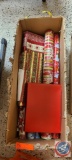 (3) Box of Christmas wrapping paper and 2 boxes of decorative wreaths...