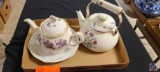 (3) Assorted china, plates, Crown Dorset teapot,cups and Windsor teacup set with gold tone spoons
