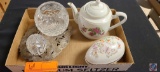 tea pot and oval keepsake... with metal plate and glass holder and paper weight