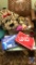 (1) Box of Stuffed animals, and triple Yatzee, Monopoloy, UNO,... Small Plastic tote of Beanie Babie