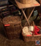 TV Tray , Basket full of Knitting, Straw basket with peacock flowers, Basket full on knitting.