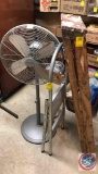 Metal Fan on Stand, Step,4ft wood ladder with paint on it.