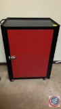 Black and Red Metal cabinet on Wheels.