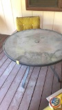 Glass top out door table, Lawn Chairs, Shop Vac, Crock, Paving stone.