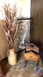 Wire Bird cage, Straw Basket with cottontail decorations, Wood Magazine Rack.