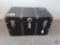 Large flattop black steamer trunk w/ metal fittings & inside tray. Worn handles & no key. 3 wood
