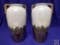 Hand painted pair matching vases H 10?. Grapes on gold background, gold handles. (Mark: Japan, 144)