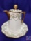 Limoges porcelain teapot w/saucer H 5?. Lilies of the Valley w/gold accents. (Mark: PB, Limoges,
