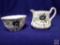 Vintage Royal Tara Hall cream & sugar bowl. Blue flowers w/ gold trim. Mark: (Royal Tara Hall, Fine