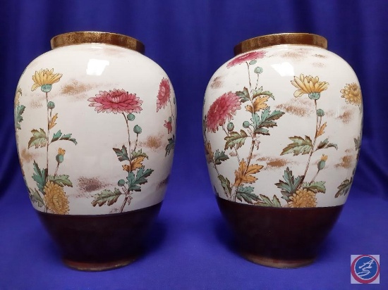 Pair Chrysanthemum matching vases H 11?. Floral design. (Mark: Chrysanthemum TM [sailing ship stamp]