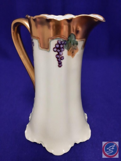 Antique Haviland pitcher H 7?. Grapes design w/gold trim and handle. Inscription: Mercy Hospital,