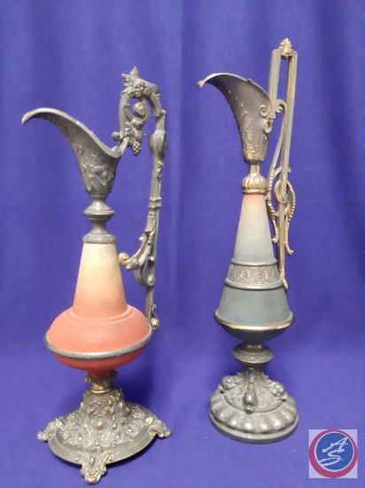 Antique pair colorful ornate metal candleholders H 16? ...