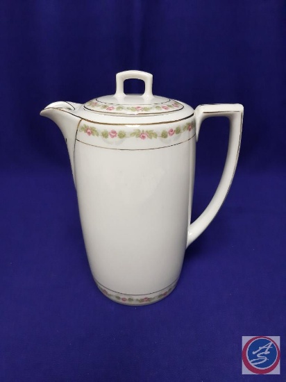 Antique chocolate pot w/ lid. Rose design w/ gold accents. 7.5? tall. Mark: (MZ Austria, Royal