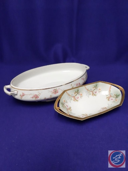 Two MZ Austria porcelain dishes. Celery dish, floral design w/ gold edge, 8? long, (01G566). Serving