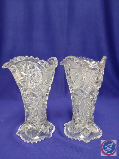 Pair glass vases H 8.5?. Triangular top w/chip on one corner