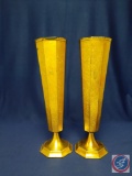 Pair gold-plated jubilee vases. H 15? Dia 4.5?. Shows wear. Inscribed ?1885-1935.? Mark: (Cleaning