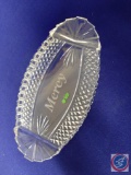 Lead glass flat, oval dish. Etched: ?Mercy.? 10? long. Mark: (Galway Irish Crystal- 24% lead.)