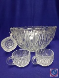 Glass punch bowl w/ 12 cups. H 6.5? Dia 11? ...