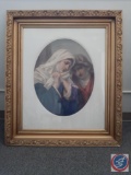 Antique B. Plockhorst (1825-1907) copy of painting of Mary & St. John in oval mat with ornate gold