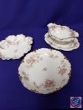 Three pieces Haviland/Limoges china , similar pink rose pattern but not exact match. Shallow bowl-