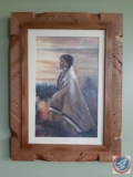 Stephanie Crawford watercolor on paper, ?Ojibwe Woman.? Print #4/6. Image 8.5? 14?. Rustic wood