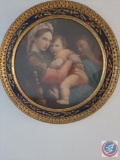 ...Antique... framed copy of Raphael?s Madonna Della Seggiola painting in 1514 in ornate round frame