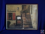 Framed poster of G. Borelli oil painting. Mediterranean scene. Image: 28? x 22? Wood frame w/ metal