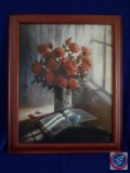 Framed poster by Pillard. Still life with roses. Image: 21.5? x 27. 5? Dark red wood frame w/ glass