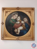 Copy of Raphael?s Madonna Della Seggiola painting in oval mat w/ ornate square gilt wood frame.
