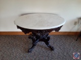 Victorian Oval tea table w/ carved black ebony finish & white beveled Italian carrara top. Rosewood