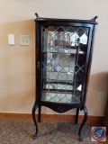 Antique china cabinet w/ leaded glass front, inside mirror, & cabriole legs. Lock & key. H 54?, W