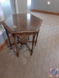 Vintage hexagon-shaped table with matching glass top. Carved edge & sides. H 30?, 26?W.