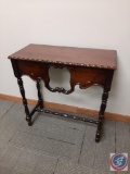 Vintage small side table w/ front opening & scrolled edging. H 30.5?, W 30?, Deep 13?. Origin: