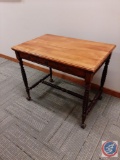 Antique lightwood, writing table desk w/ spindle legs. Carved leaf pattern w/ rosettes. H 36?, D