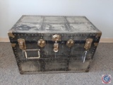 Continental Trunk flattop black steamer trunk w/ metal fittings. 1 handle missing and no key.
