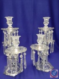 Pair glass candelabra H 15? 13.5 W. Triple branches w/glass prisms, 3 prisms missing