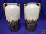 Hand painted pair matching vases H 10?. Grapes on gold background, gold handles. (Mark: Japan, 144)