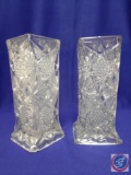 Matching pair of square, clear glass, tall vases. H 10? ...